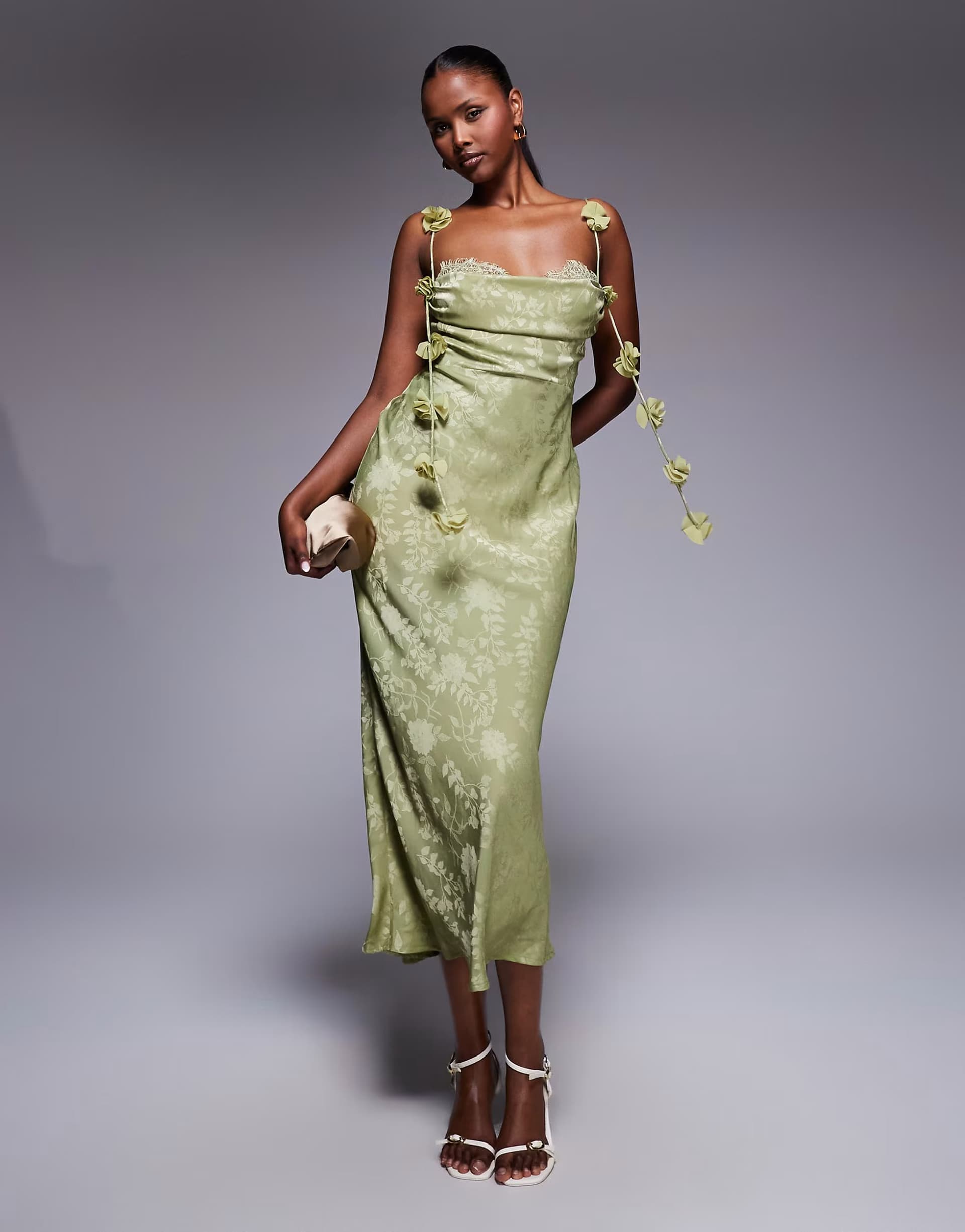 ASOS Rare London satin jacquard lace bust petal strap detail maxi dress in olive