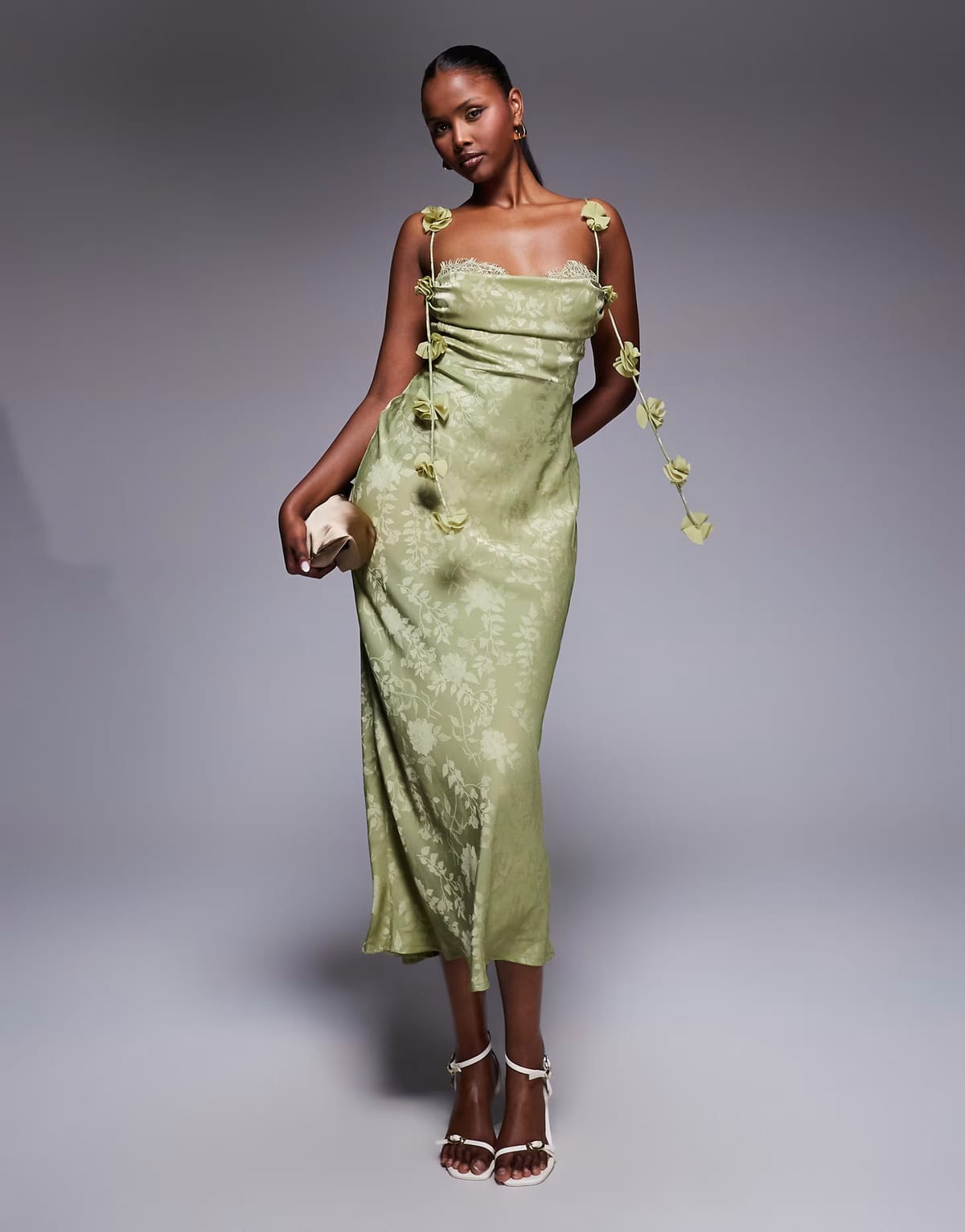 ASOS Rare London satin jacquard lace bust petal strap detail maxi dress in olive - 1