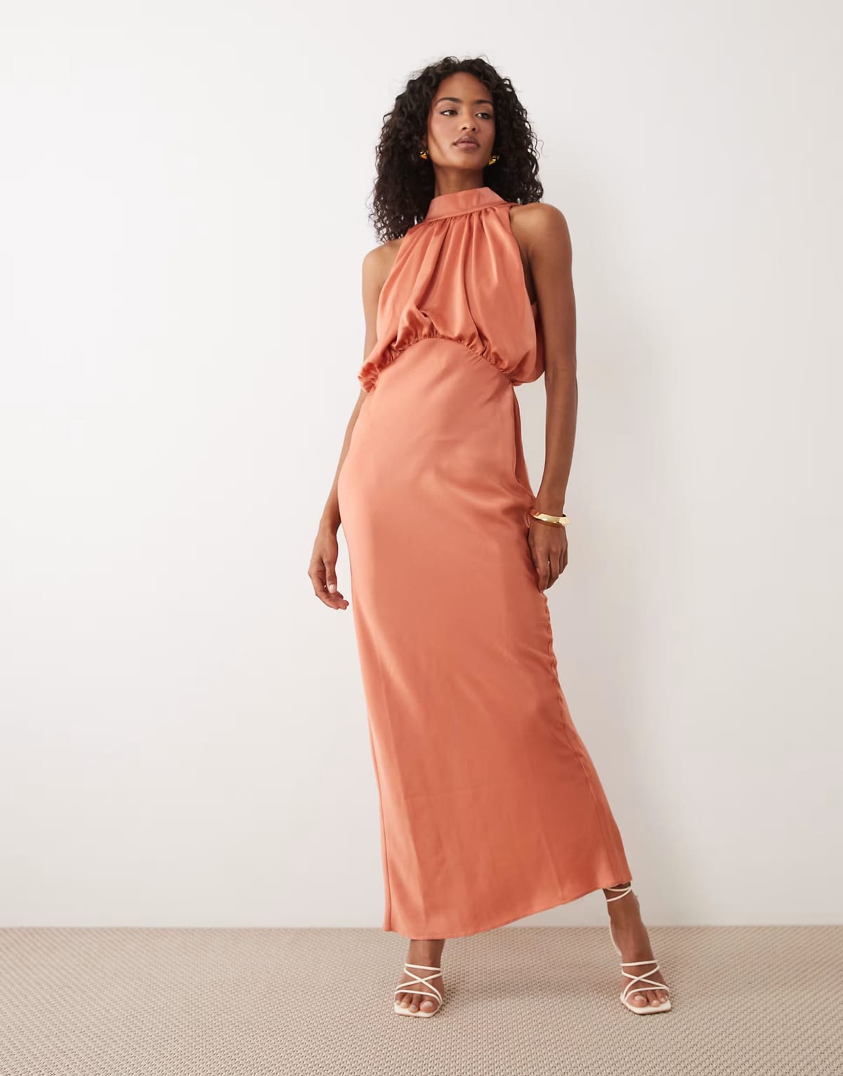 ASOS ASOS DESIGN halter neck blouson satin maxi dress in copper - 1