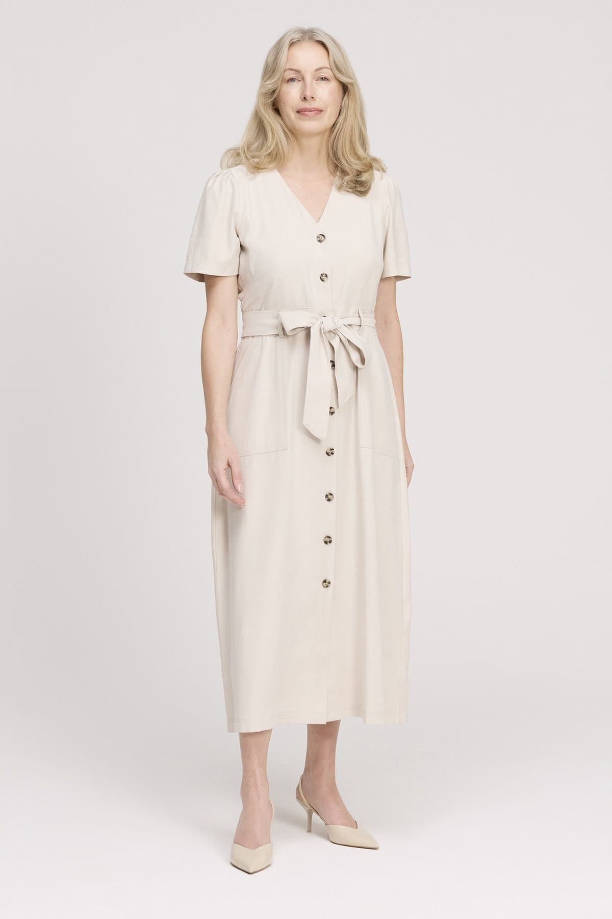Finery London Finery London Women's Priscilla Button Through Midi Dress in Light Beige