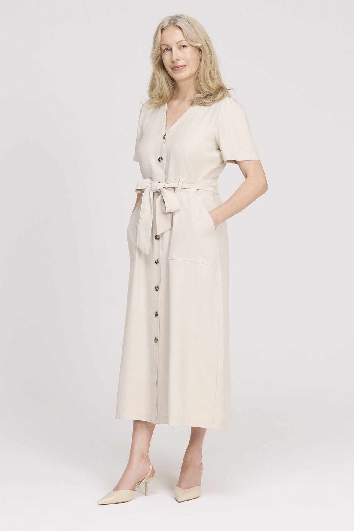 Finery London Finery London Women's Priscilla Button Through Midi Dress in Light Beige - 4