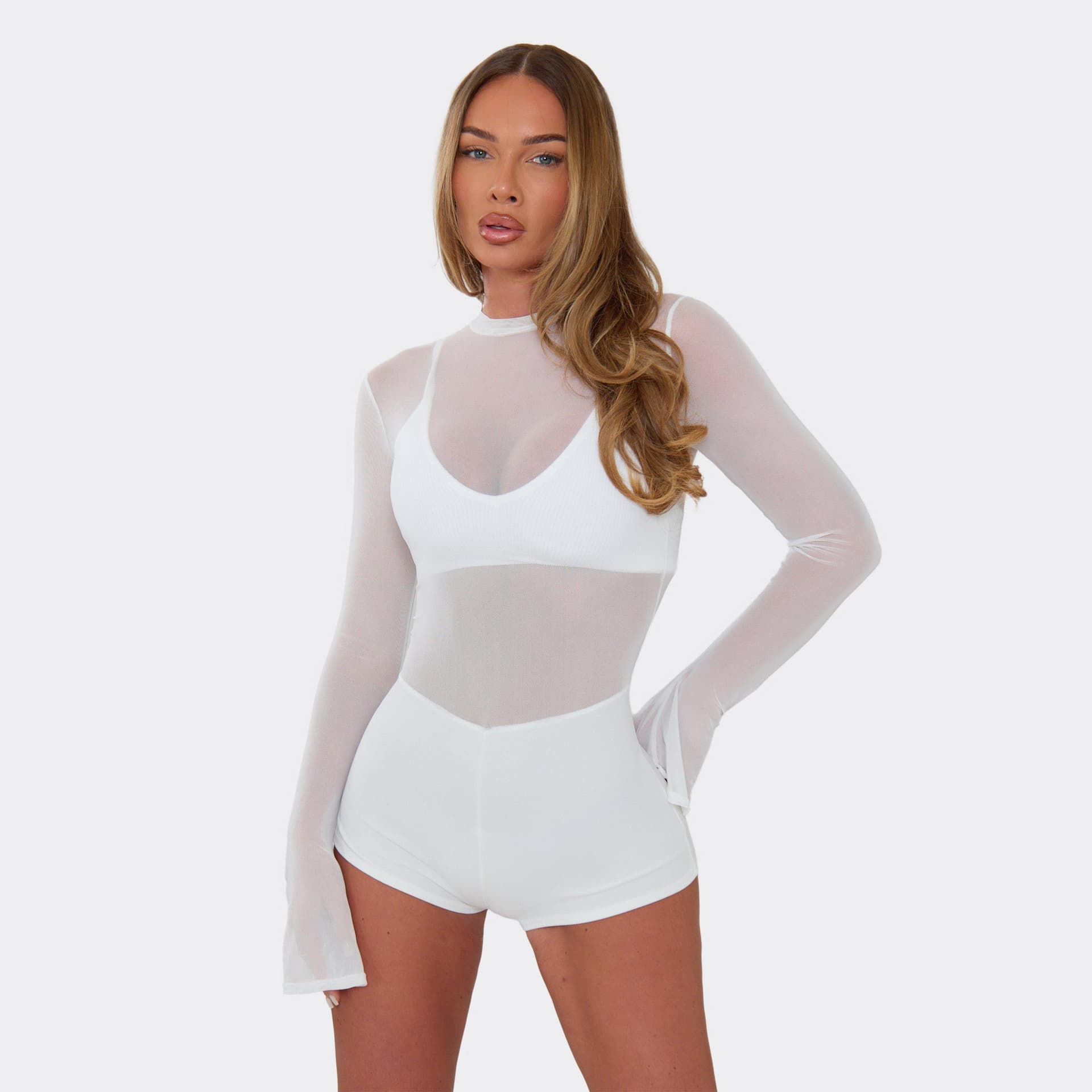 EGO Long Flute Sleeve Playsuit In Ivory Mesh, Women's Size UK 6