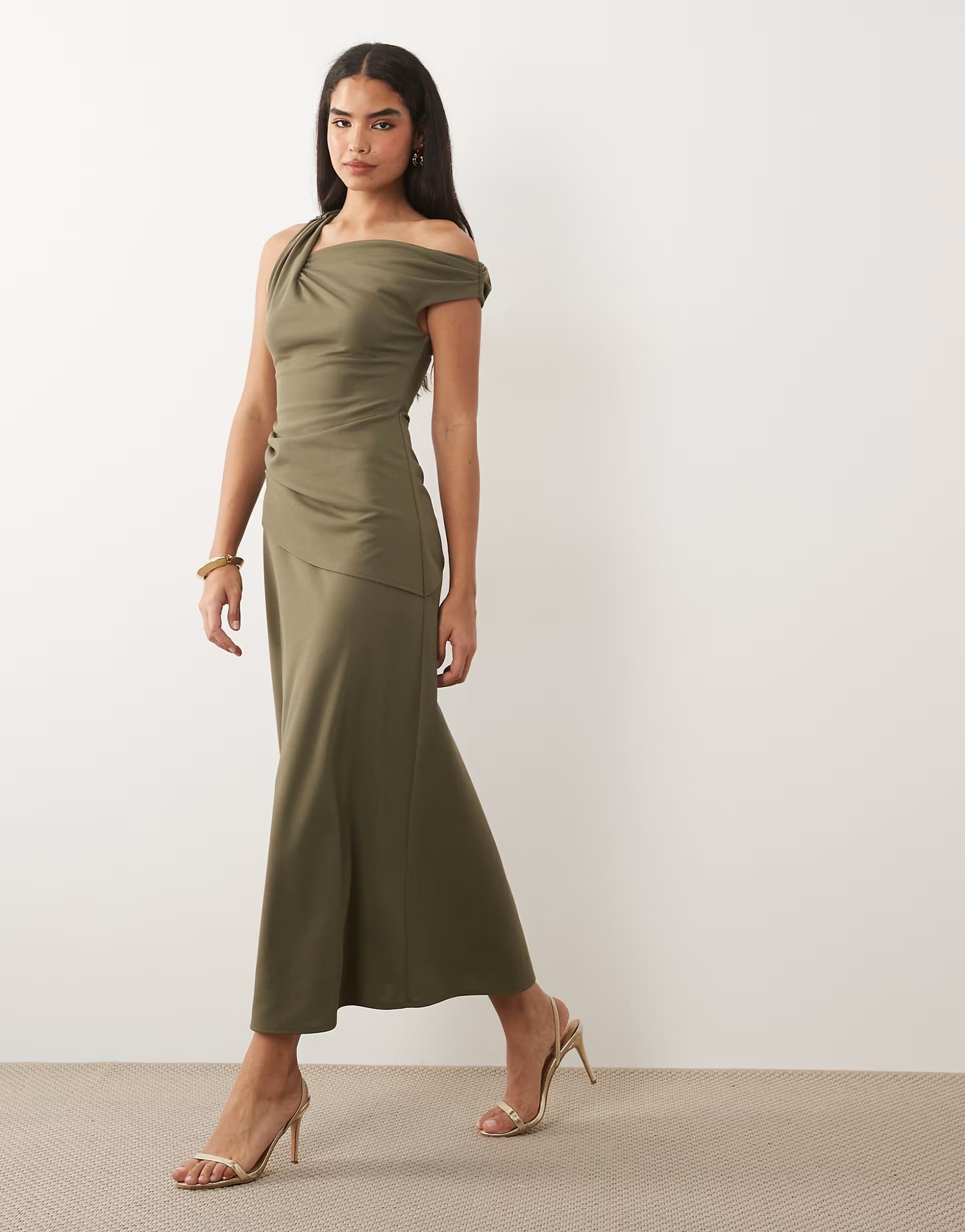 ASOS ASOS DESIGN crepe fallen shoulder maxi dress with ruched skirt detail in khaki