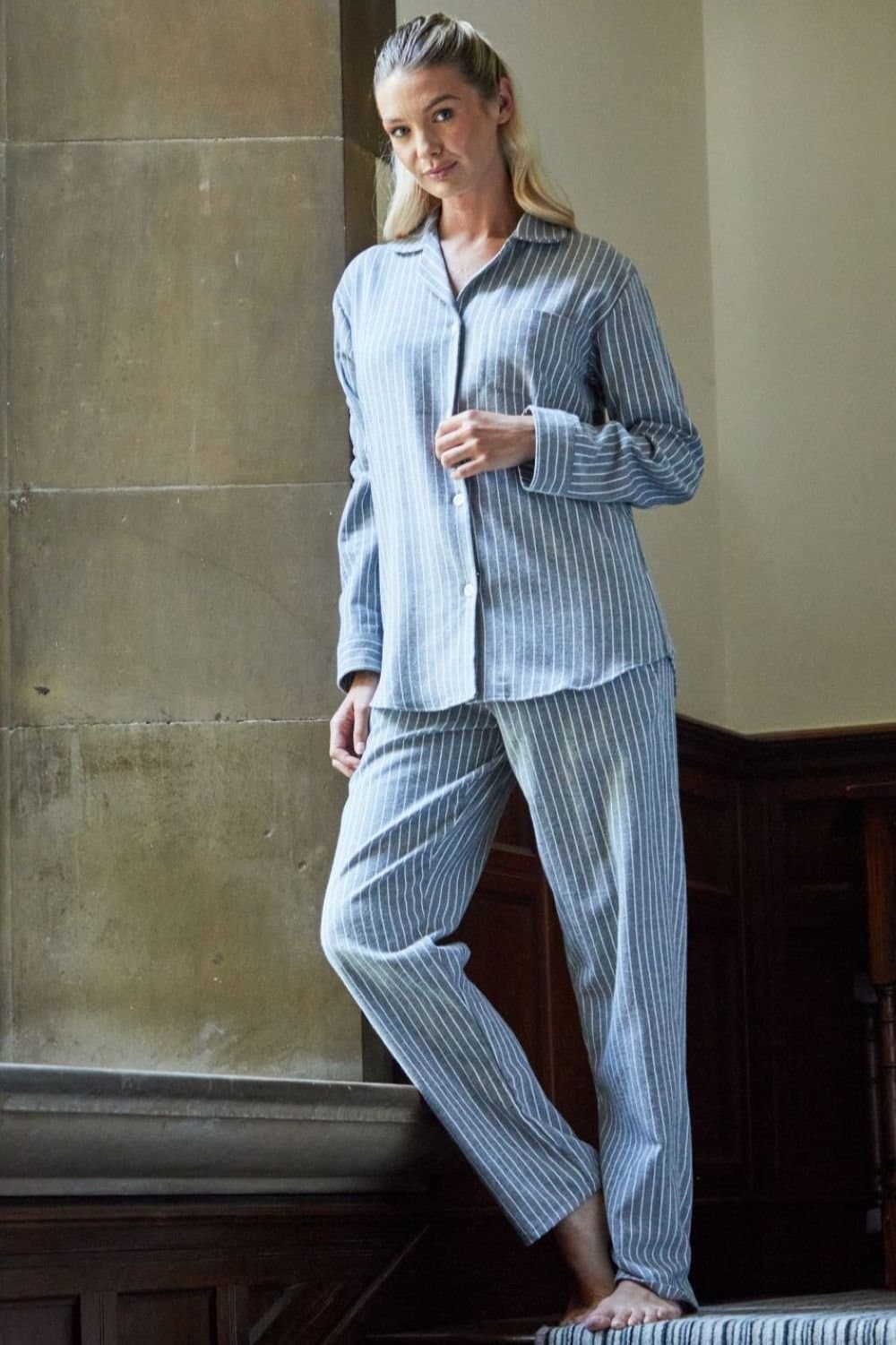 British Boxers British Boxers Women's "Chalk" Stripe Brushed Cotton Pyjama Set in Grey