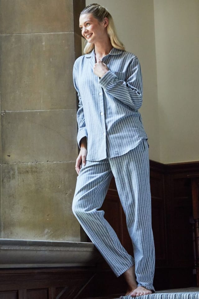 British Boxers British Boxers Women's "Chalk" Stripe Brushed Cotton Pyjama Set in Grey - 2