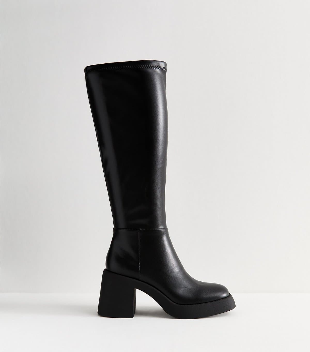 New Look Women's Black Faux Leather Block Heel Knee High Boots Vegan New Look