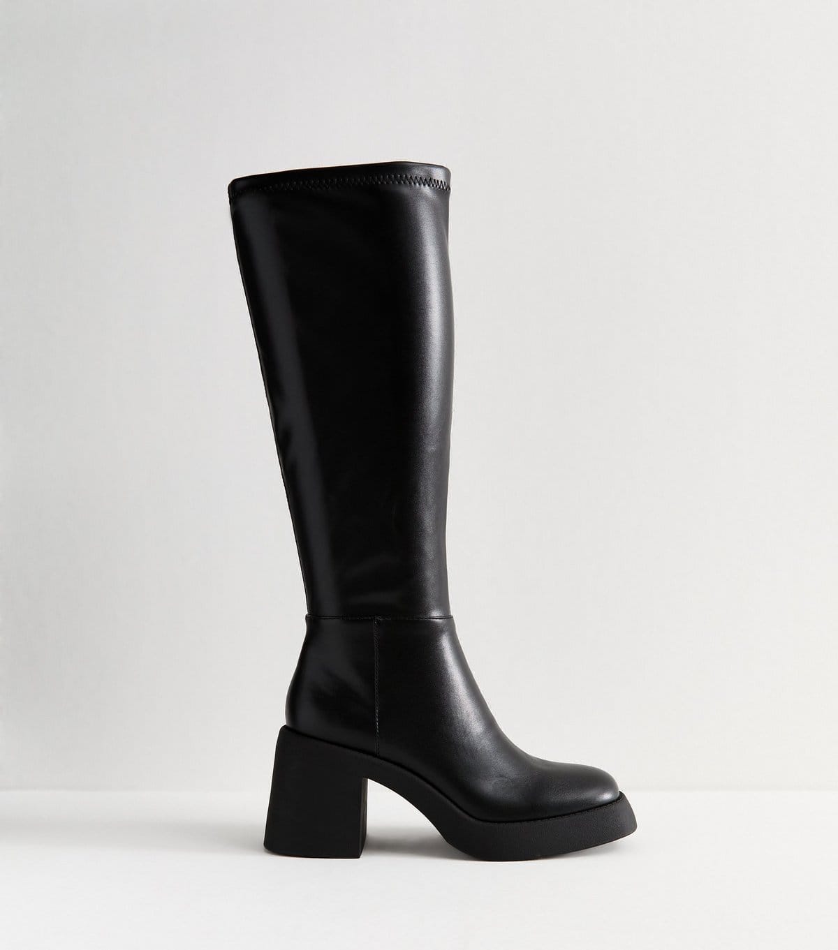 New Look Women's Black Faux Leather Block Heel Knee High Boots Vegan New Look - 1