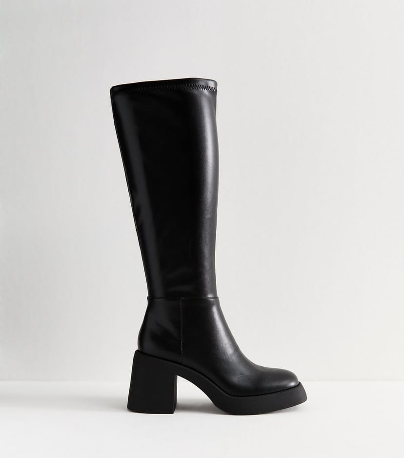 New Look Women's Black Faux Leather Block Heel Knee High Boots Vegan New Look - 1
