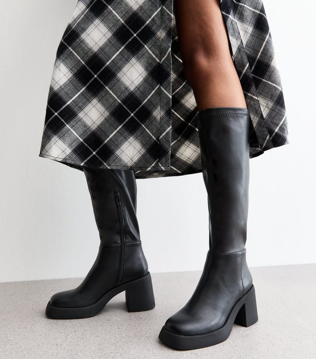 New Look Women's Black Faux Leather Block Heel Knee High Boots Vegan New Look - 2