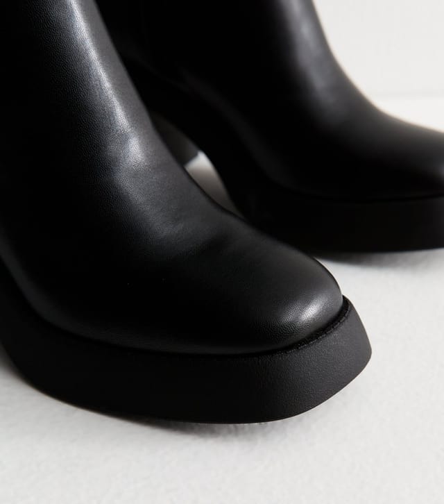 New Look Women's Black Faux Leather Block Heel Knee High Boots Vegan New Look - 3