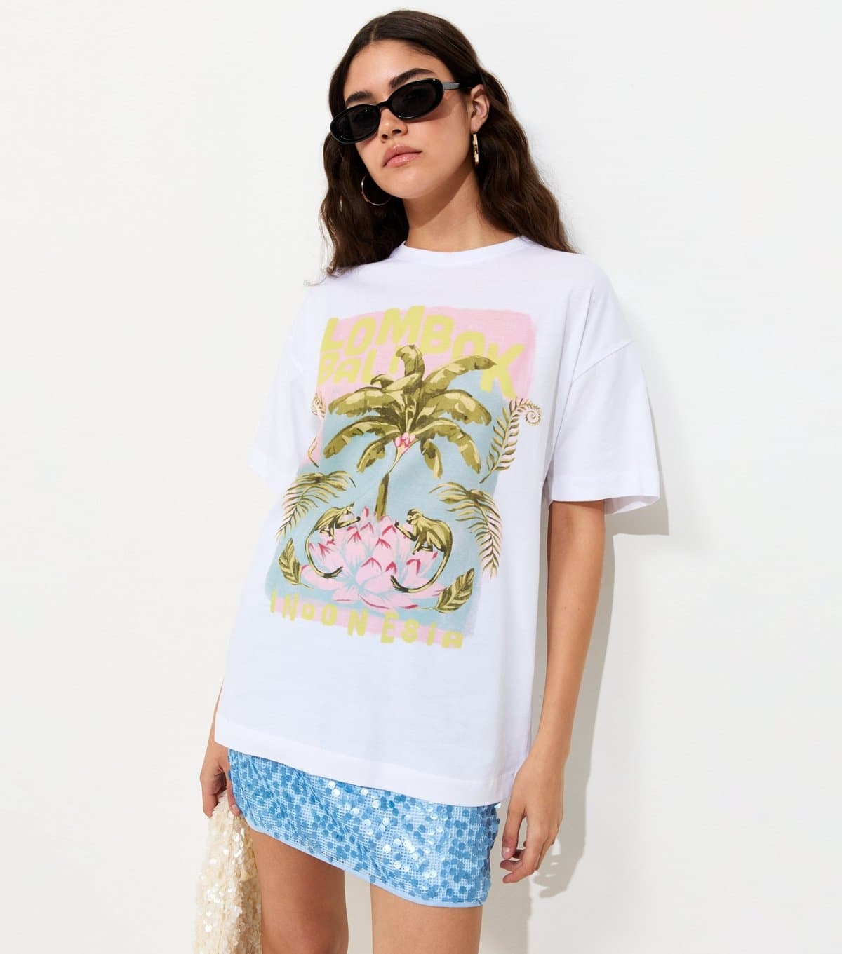New Look Women's White Cotton Palm Tree Print Oversized T-Shirt New Look