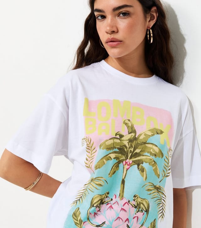 New Look Women's White Cotton Palm Tree Print Oversized T-Shirt New Look - 2