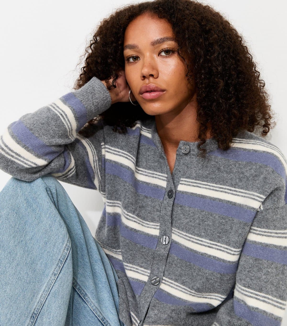 New Look Women's Blue Knitted Stripe Cardigan New Look