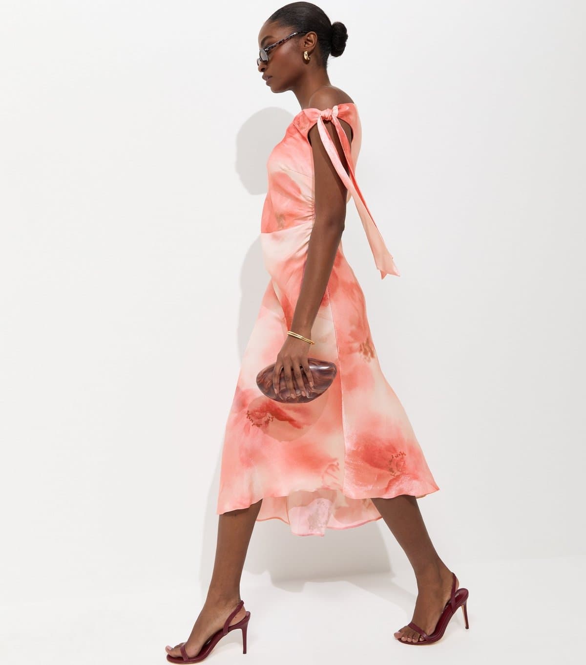 New Look Women's Pink Blurred Floral Print Shimmer Effect Midi Dress New Look