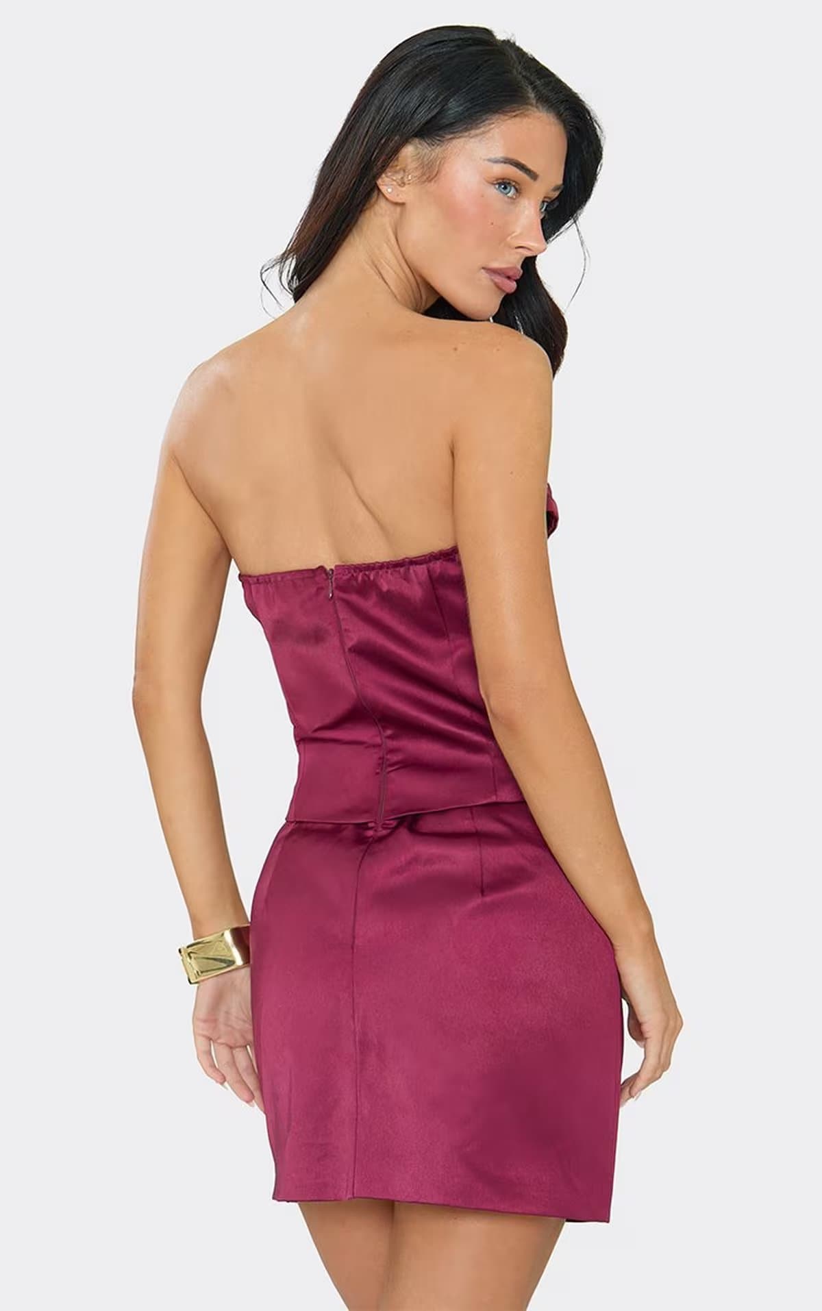 EGO Bandeau Pleated Corset Mini Dress In Burgundy Satin, Women's Size UK 6