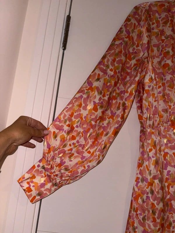 Never Fully Dressed Coral Gold Pink Spotty Long Sleeve Wrap Dress