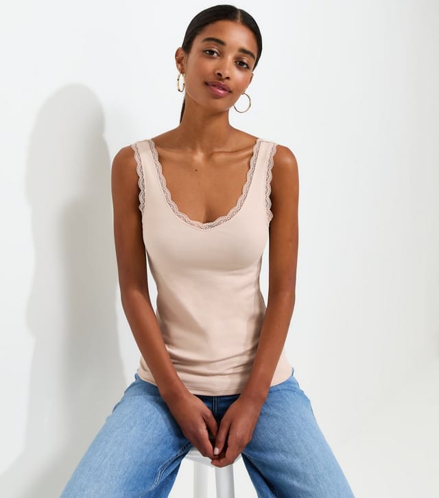 New Look Women's Stone Cotton Rich Lace Trim V-Neck Vest New Look - 2