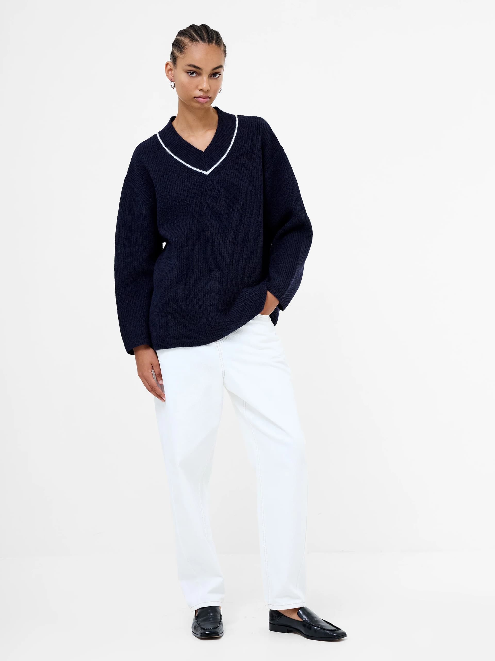 French Connection Kezia Recycled Vertical V Neck Jumper Navy/W.White