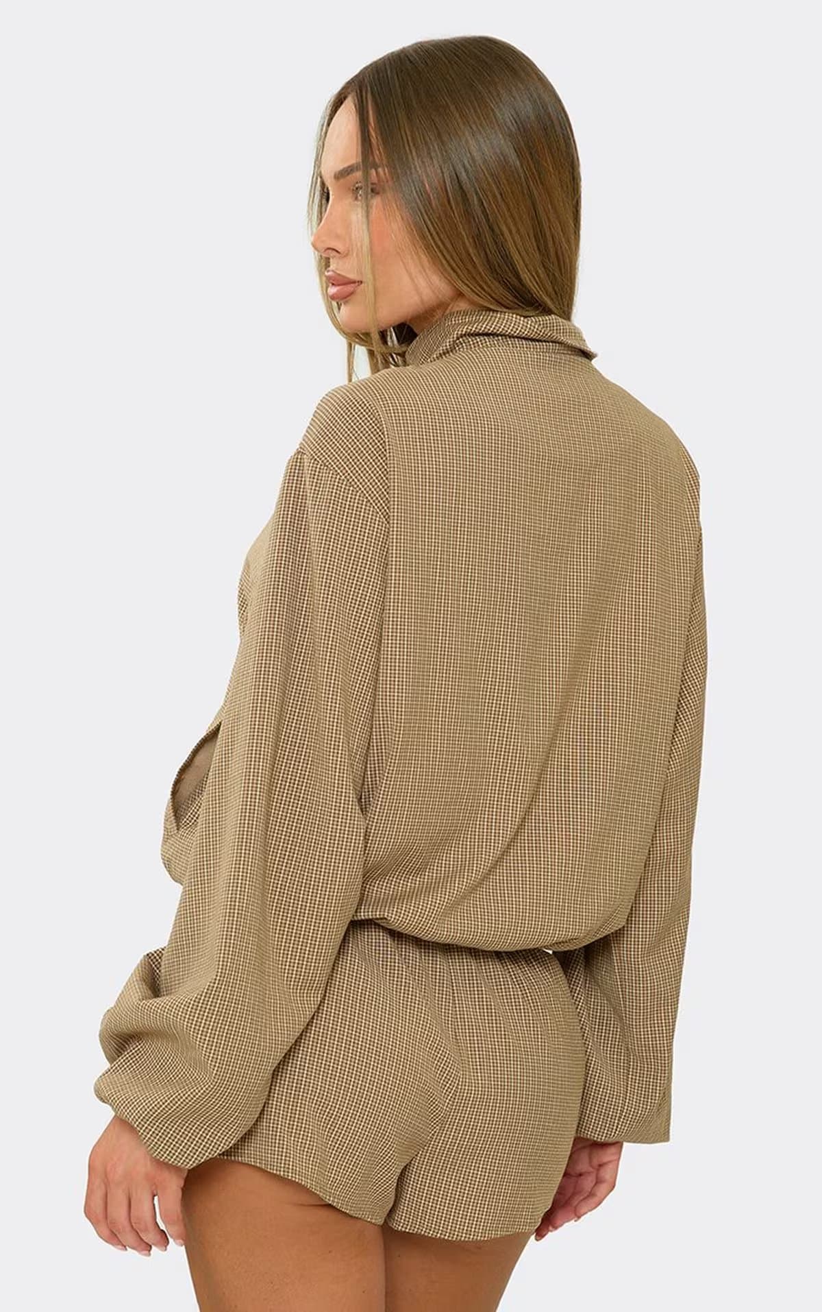 EGO Long Sleeve High Neck Zip Up Jacket In Brown Check Print, Women's Size UK 6