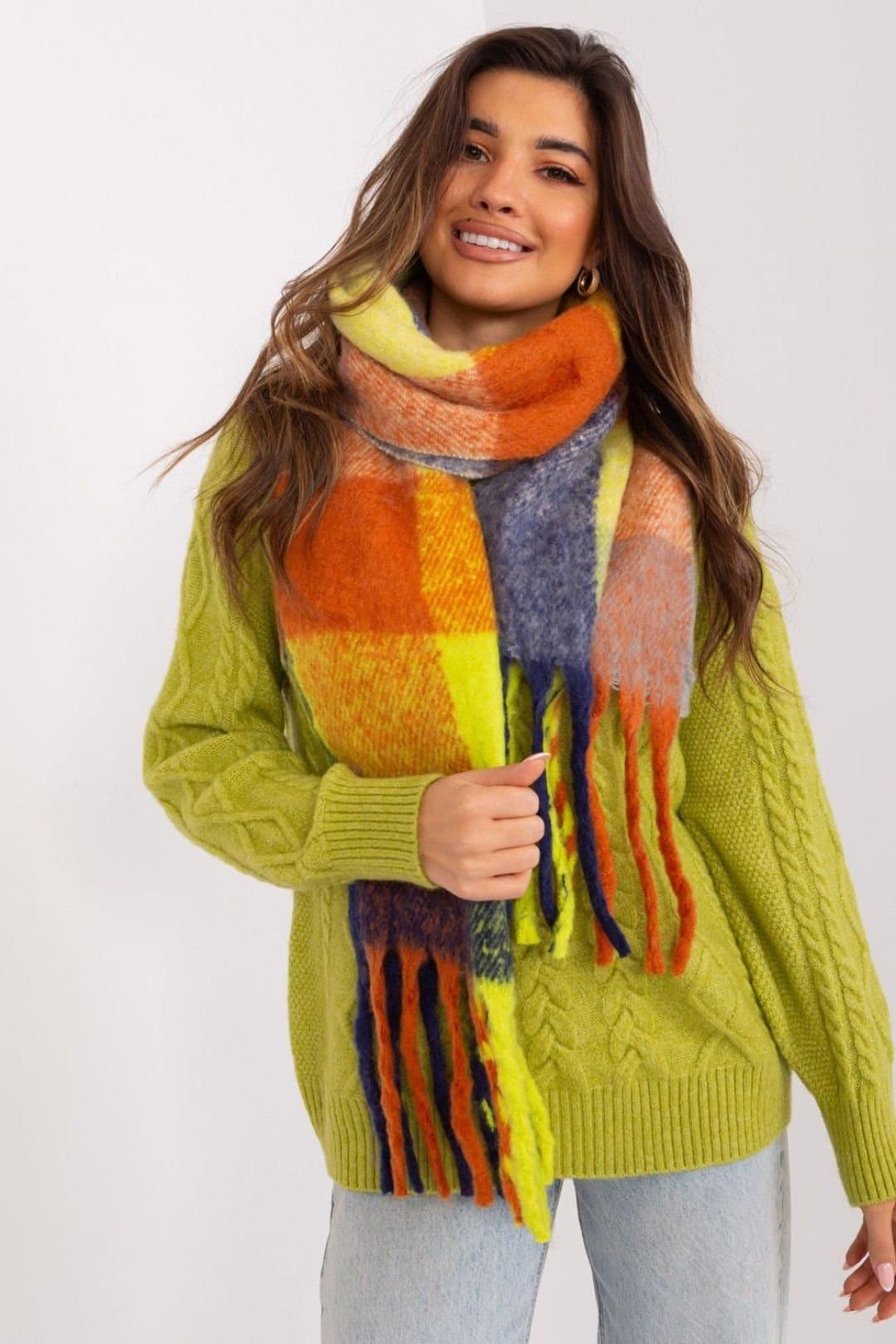 Love Lace Love Lace Women's Long Plaid Polyester Scarf with Tassels for Fall & Winter in Blue