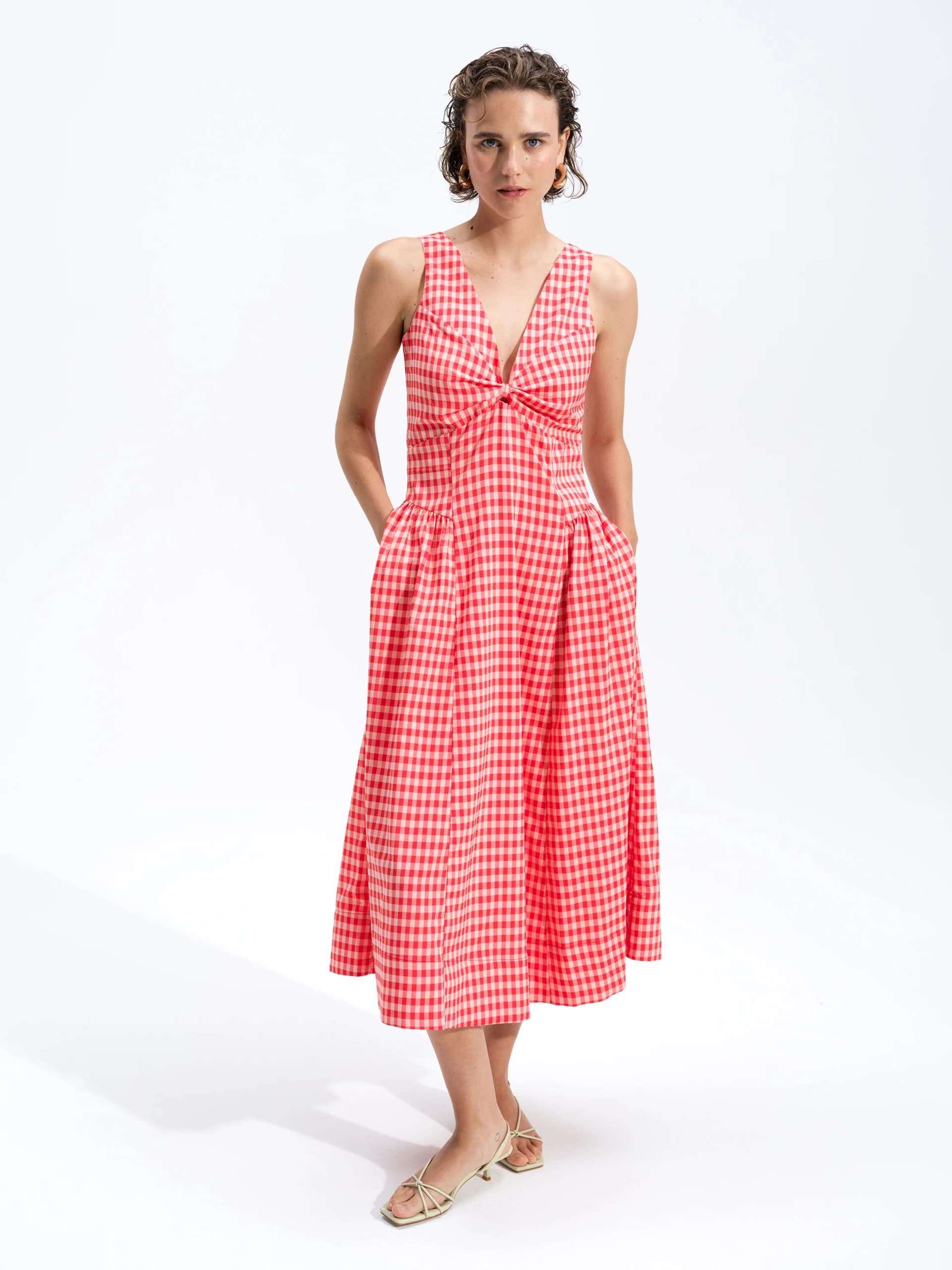 French Connection Sheila Voluminous Gingham Midi Dress Watermelon Red