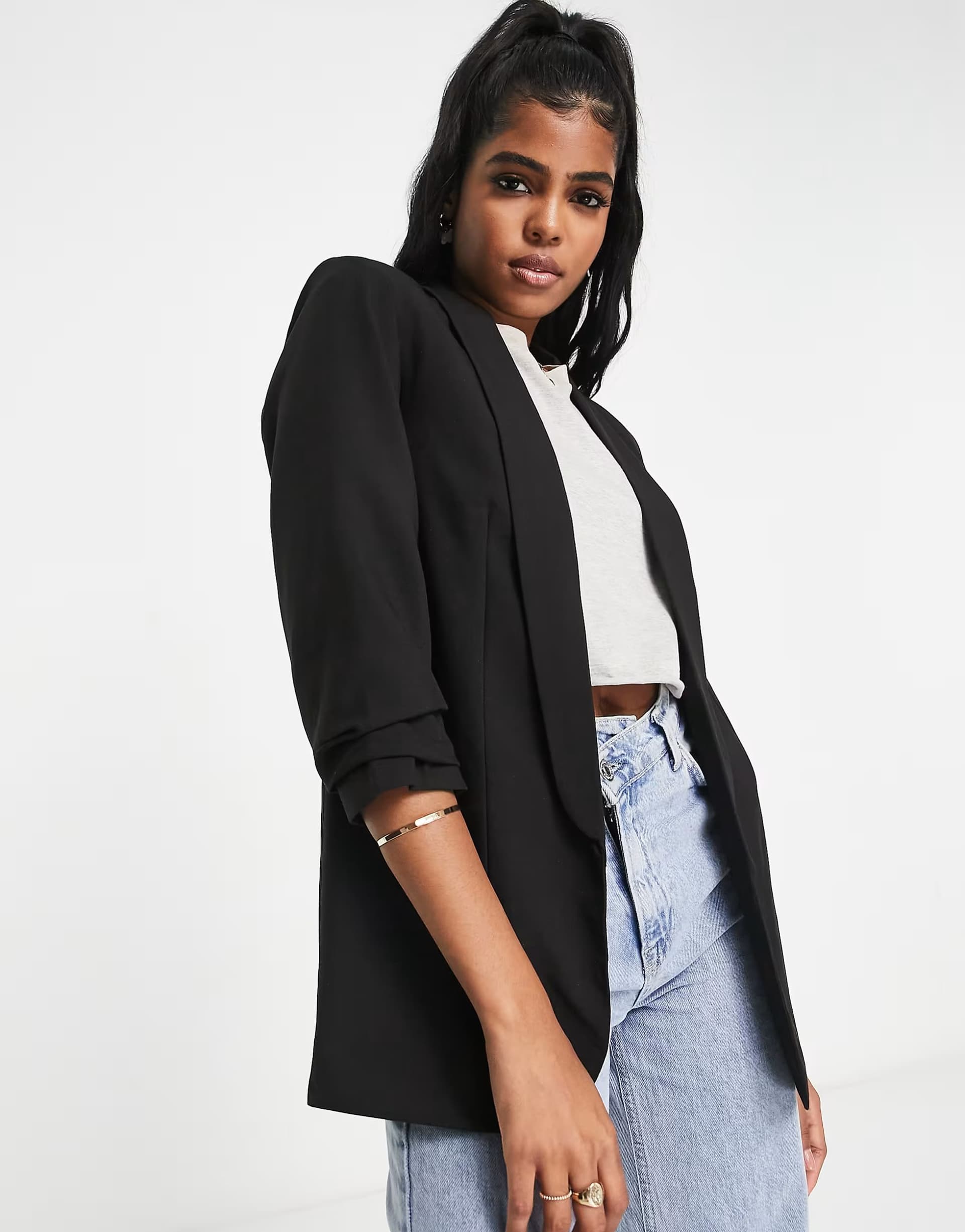 ASOS Pieces ruched sleeve blazer in black