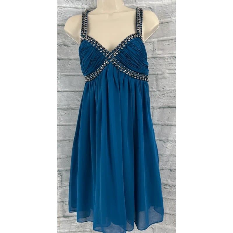 Lipsy Lipsy Blue Shift Dress Iron Queen Beaded Size 6 Chiffon Fairycore Empire Waist