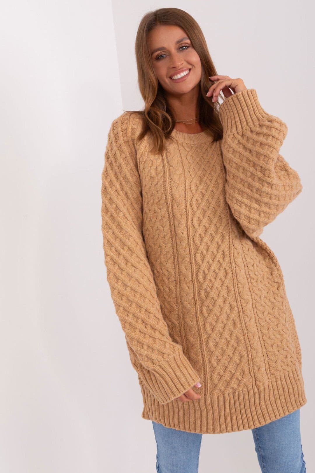 Love Lace Love Lace Women's Oversize Variegated Long Sweater Dress in Camel