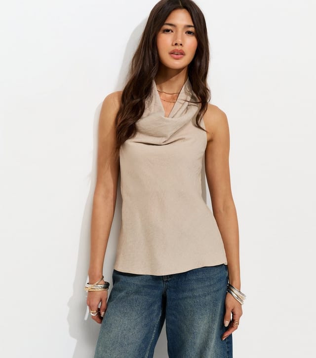 New Look Women's Stone Crinkle Texture Cowl Neck Halter Top New Look - 2