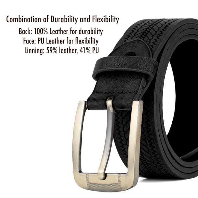 Woodland Leathers Woodland Leathers Men's Men's Leather Lined 1.25″ Engraved Belt, Brass Buckle in Black - 3