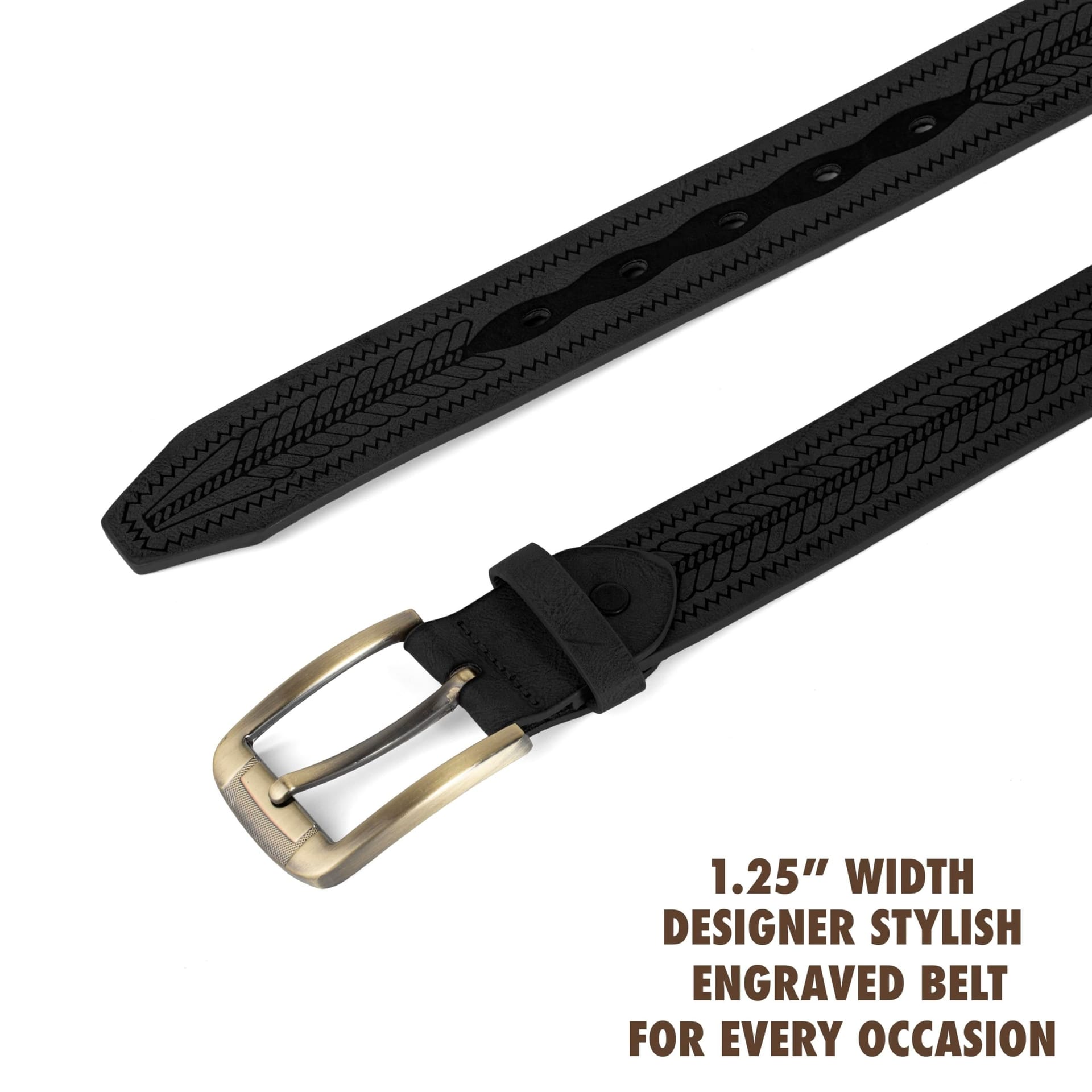 Woodland Leathers Woodland Leathers Men's Men's Leather Lined 1.25″ Engraved Belt, Brass Buckle in Black - 4