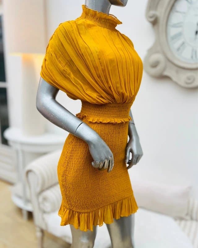 ASOS Asos mustard mini dress high pleated neck shirred waist ruffled hemline 8 tall