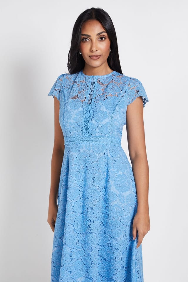 Wallis Wallis Women's Petite Lace Fit & Flare Midi Dress in Cornflower Blue - 2