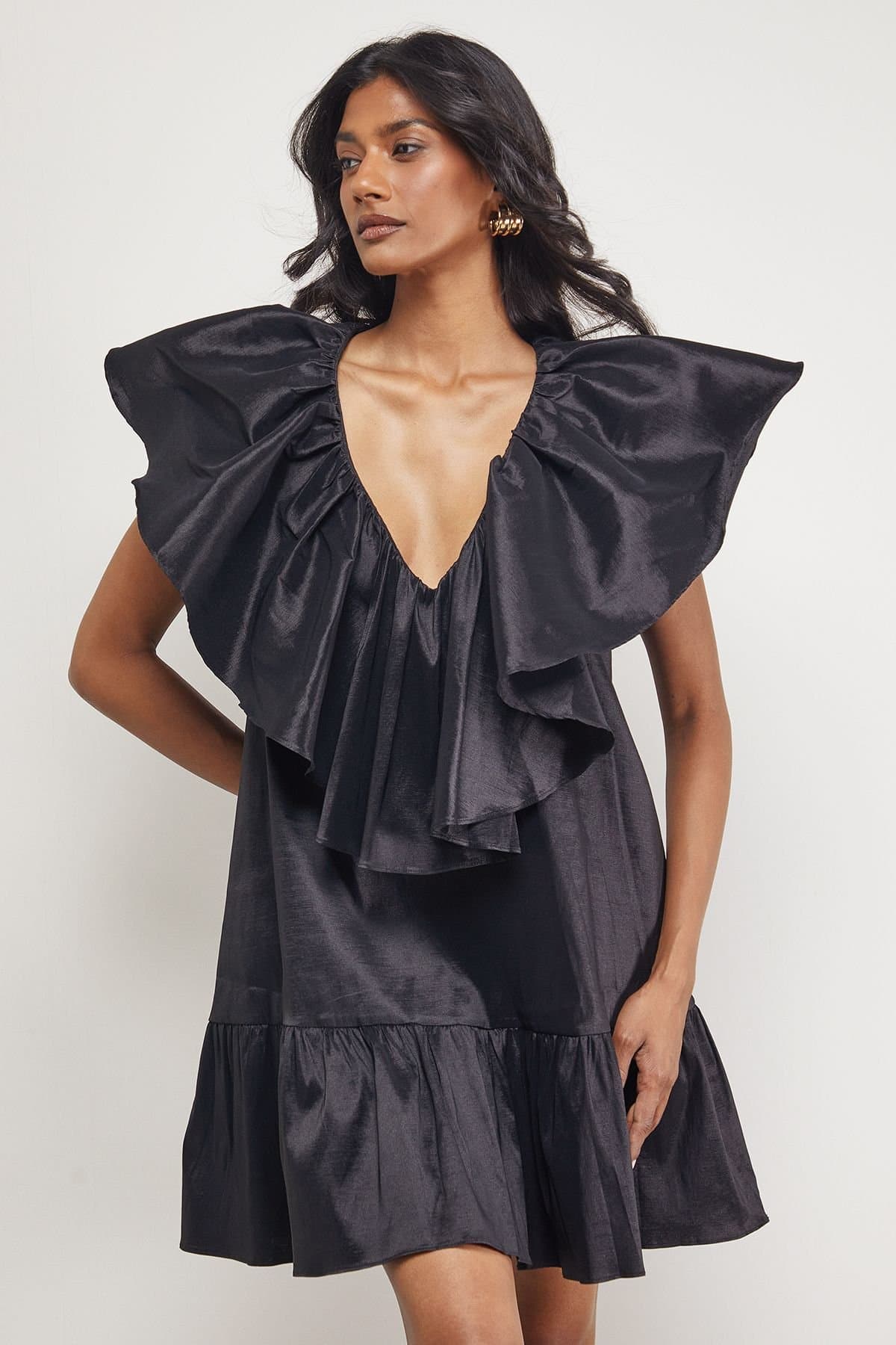 Warehouse Warehouse Women's Taffeta Frill V Neck Smock Mini Dress in Black