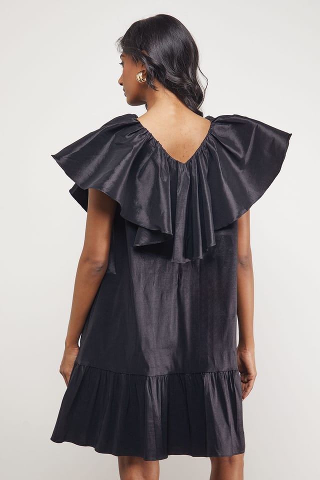 Warehouse Warehouse Women's Taffeta Frill V Neck Smock Mini Dress in Black - 3