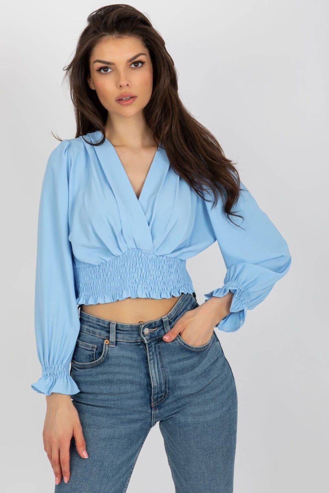 Love Lace Love Lace Women's Envelope Neck Long Sleeve Blouse with Elastic in Blue