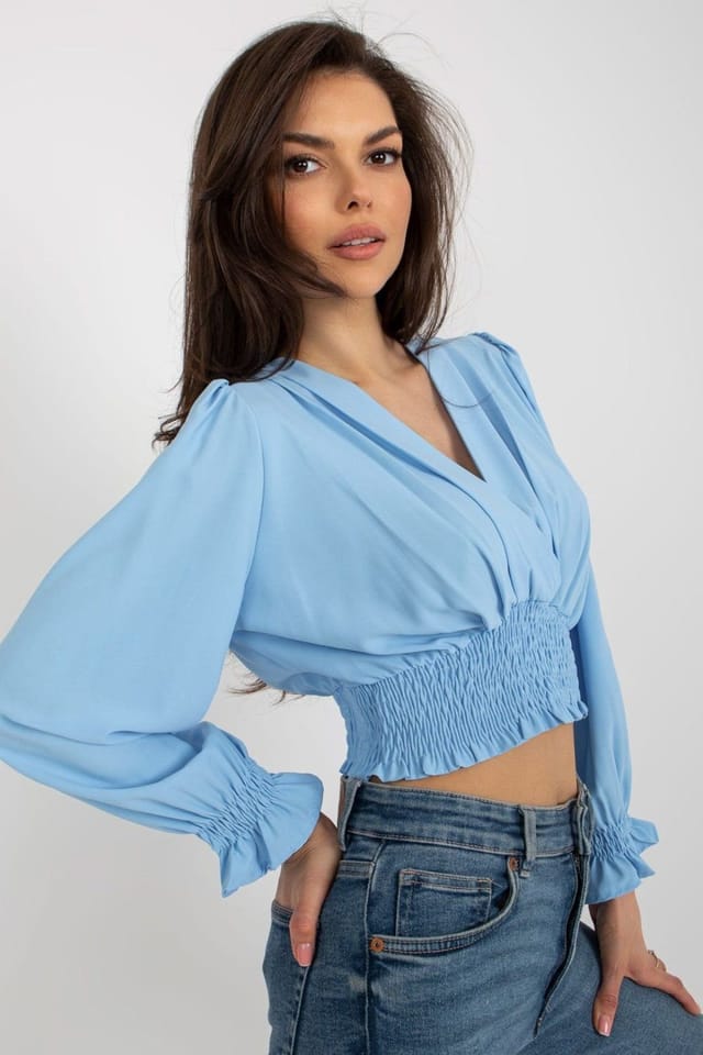 Love Lace Love Lace Women's Envelope Neck Long Sleeve Blouse with Elastic in Blue - 2