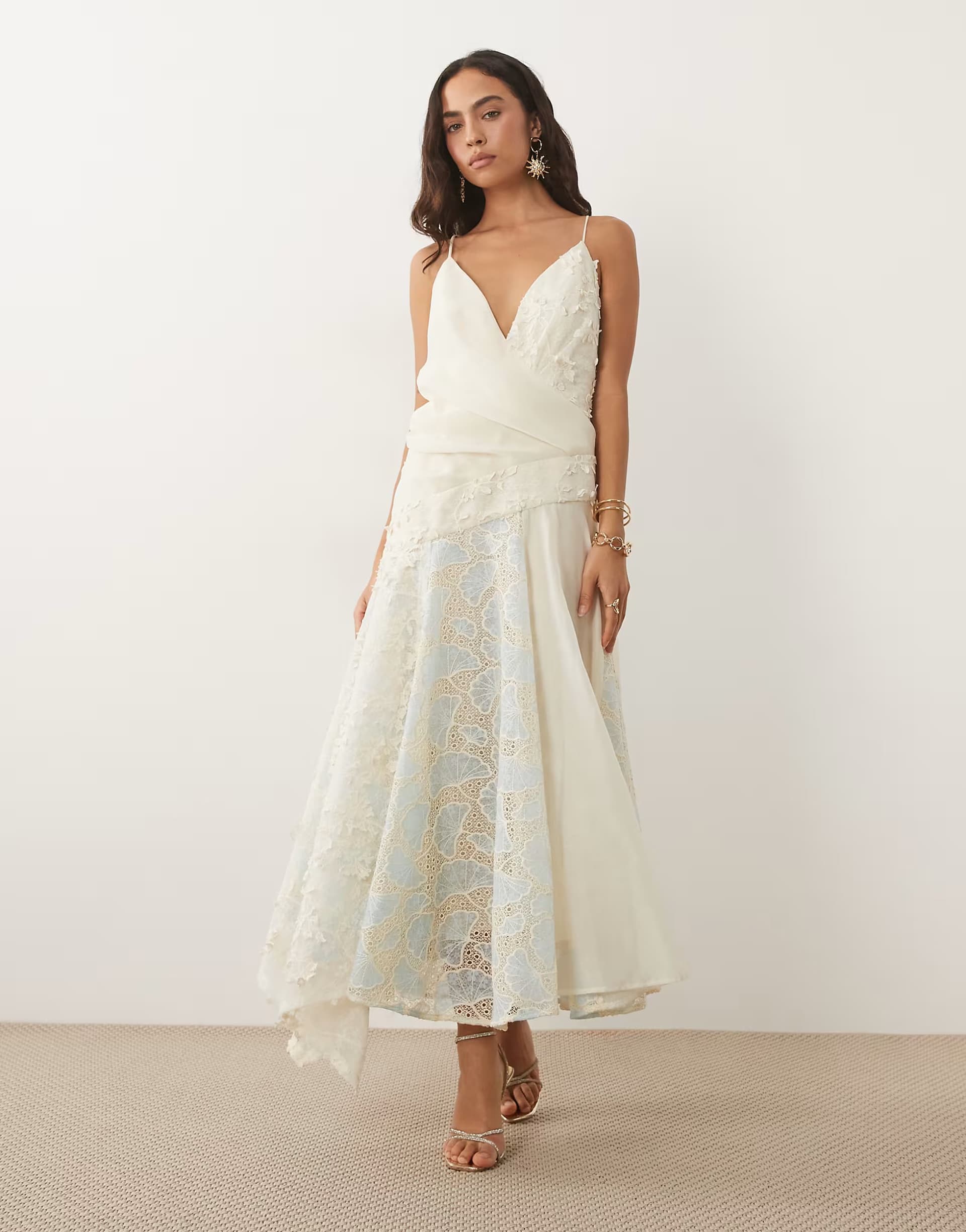 ASOS ASOS DESIGN embroidered floral lace patchwork cami maxi dress in cream