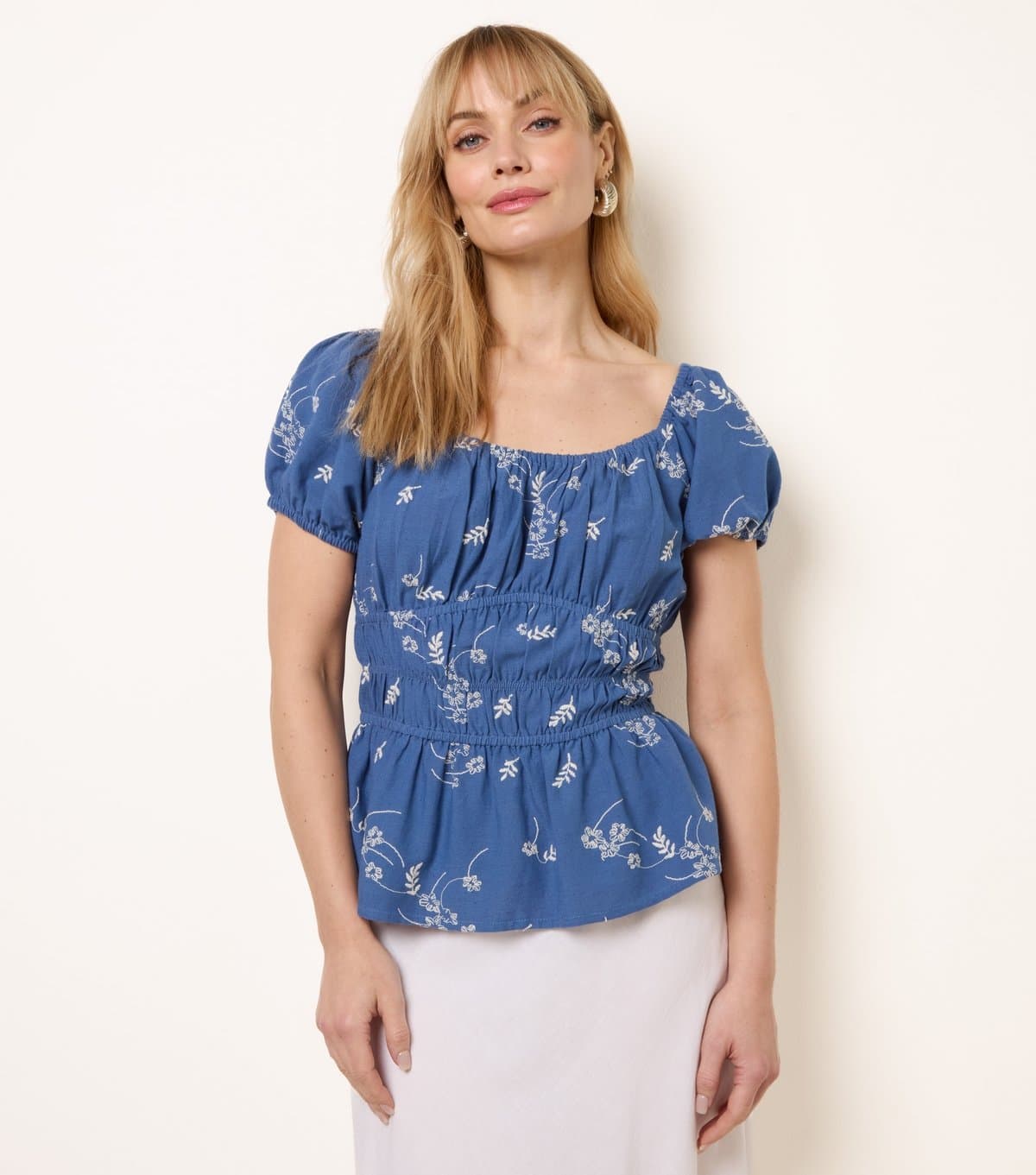 Blue Vanilla Women's Navy Embroidered Ruched Top Blue Vanilla New Look