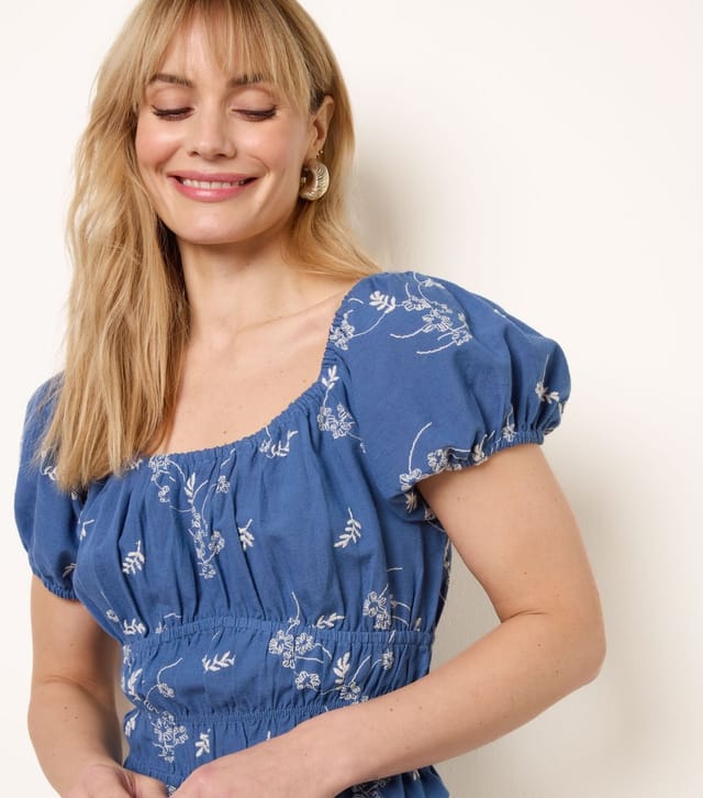 Blue Vanilla Women's Navy Embroidered Ruched Top Blue Vanilla New Look - 3