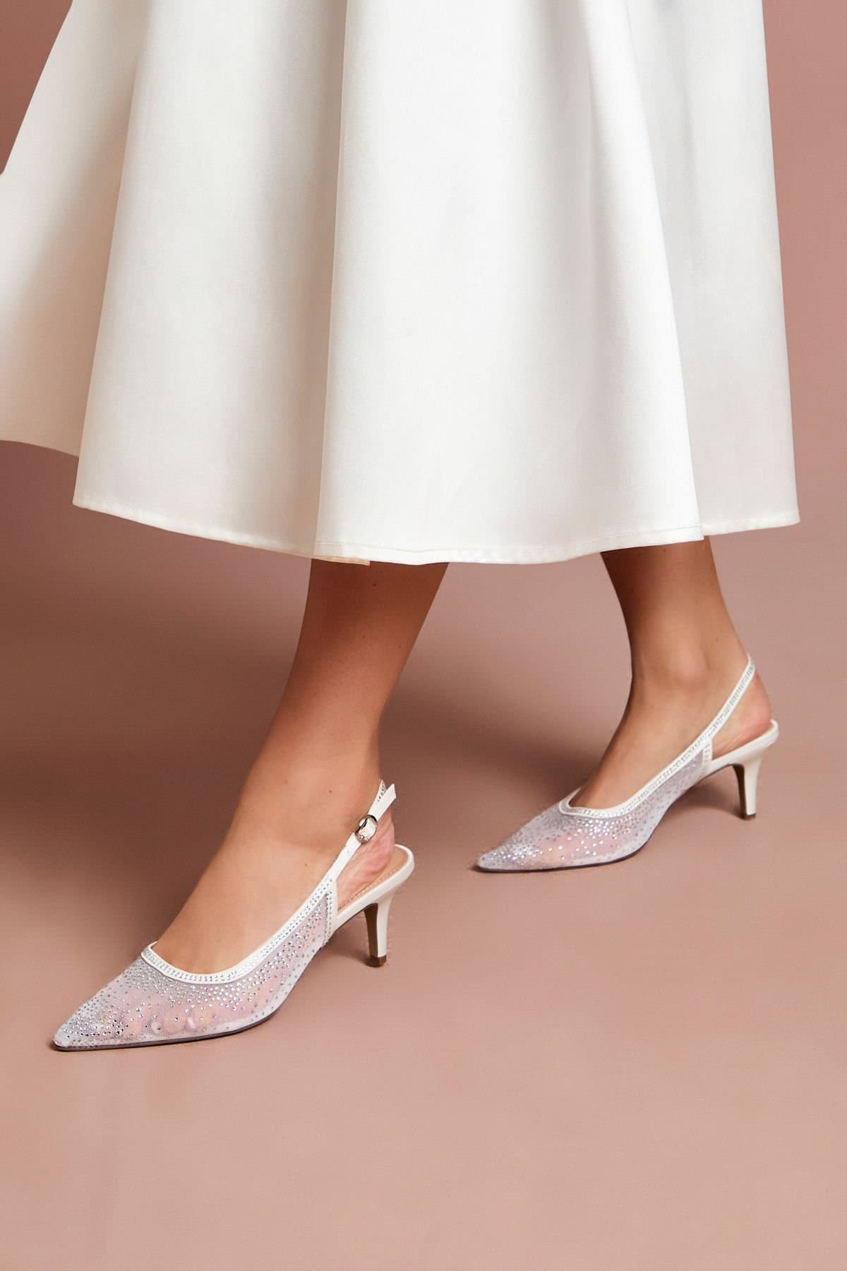 Coast Coast Women's Bridal Sara Mesh Diamante Kitten Heel Slingback Court Shoes in White