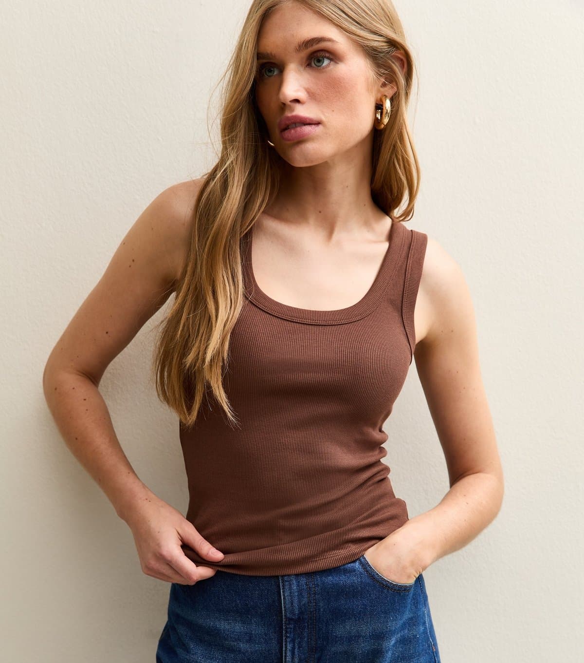 New Look Women's Dark Brown Wide Trim Scoop Vest Top New Look