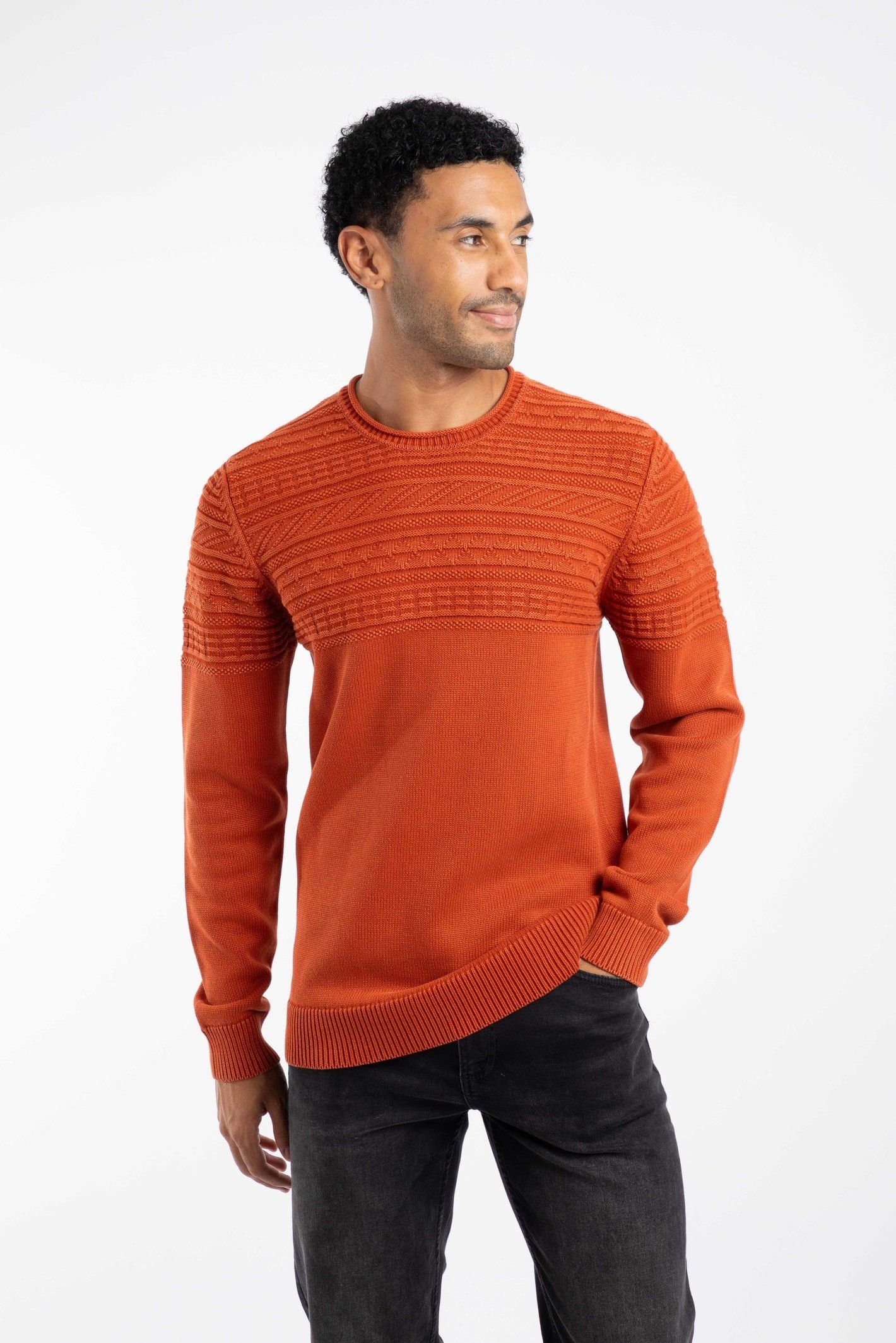 Weird Fish Weird Fish Men's Fahri Mixed Stitch Crew Neck Jumper in Orange - 2