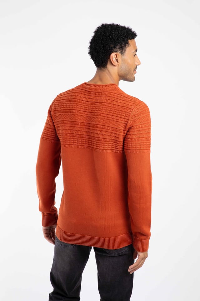 Weird Fish Weird Fish Men's Fahri Mixed Stitch Crew Neck Jumper in Orange - 3