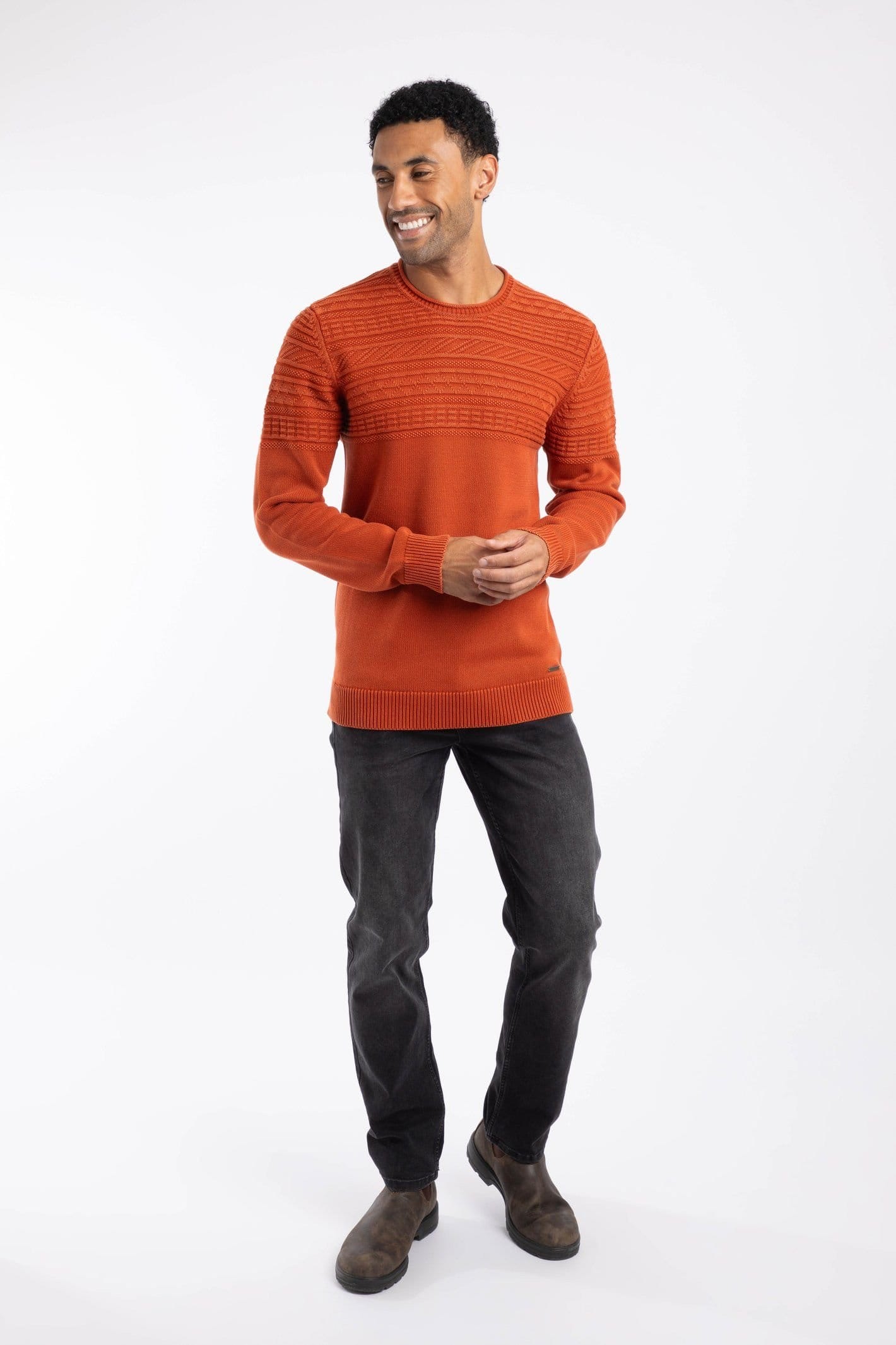Weird Fish Weird Fish Men's Fahri Mixed Stitch Crew Neck Jumper in Orange - 4