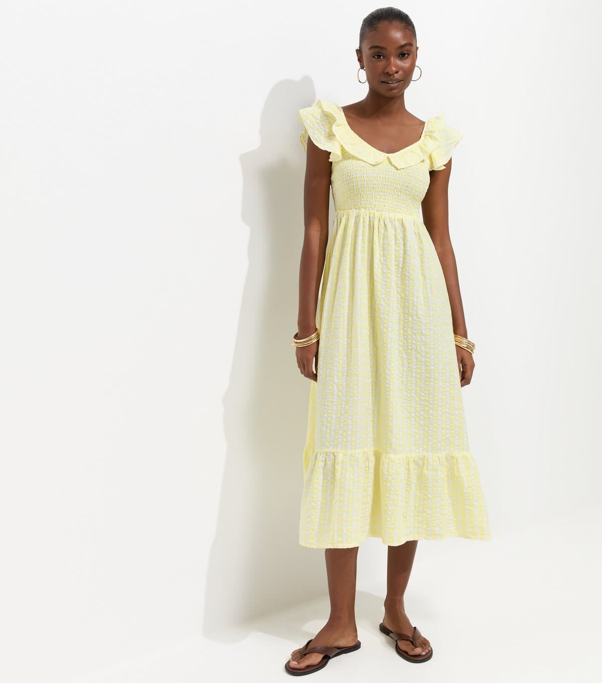 New Look Women's Yellow Cotton Gingham Ruffled Neck Midi Dress New Look