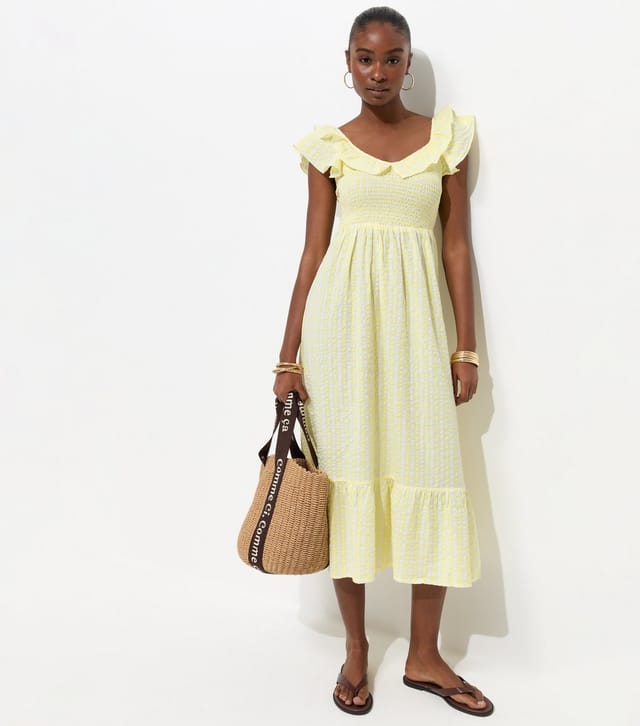New Look Women's Yellow Cotton Gingham Ruffled Neck Midi Dress New Look - 3