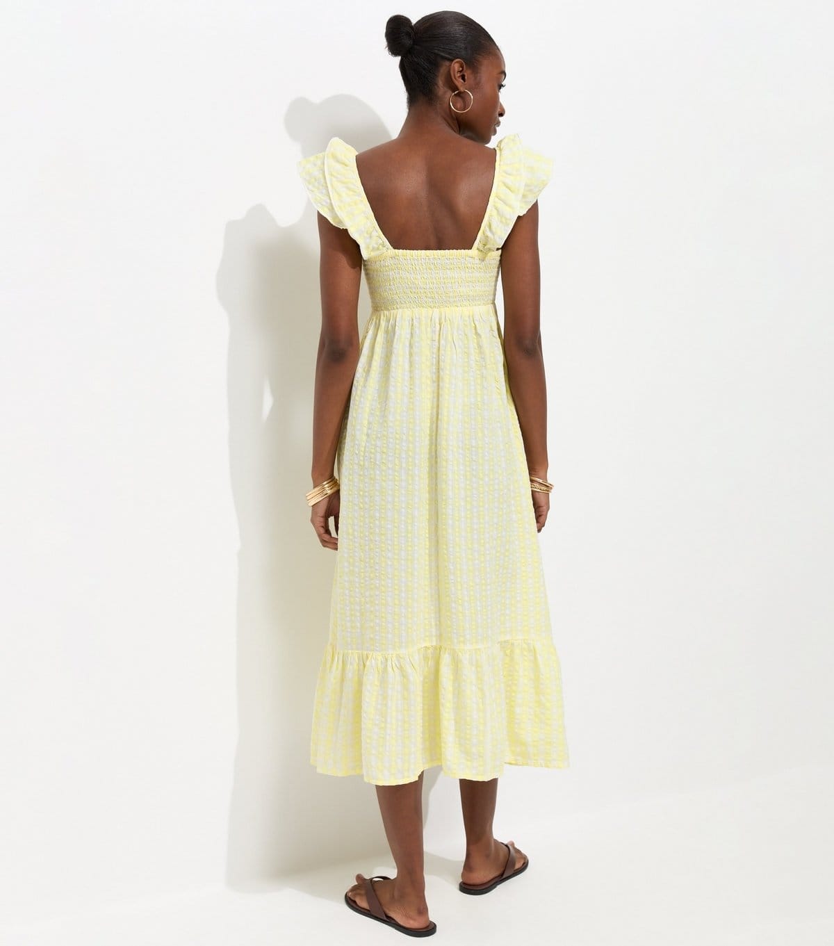 New Look Women's Yellow Cotton Gingham Ruffled Neck Midi Dress New Look - 4