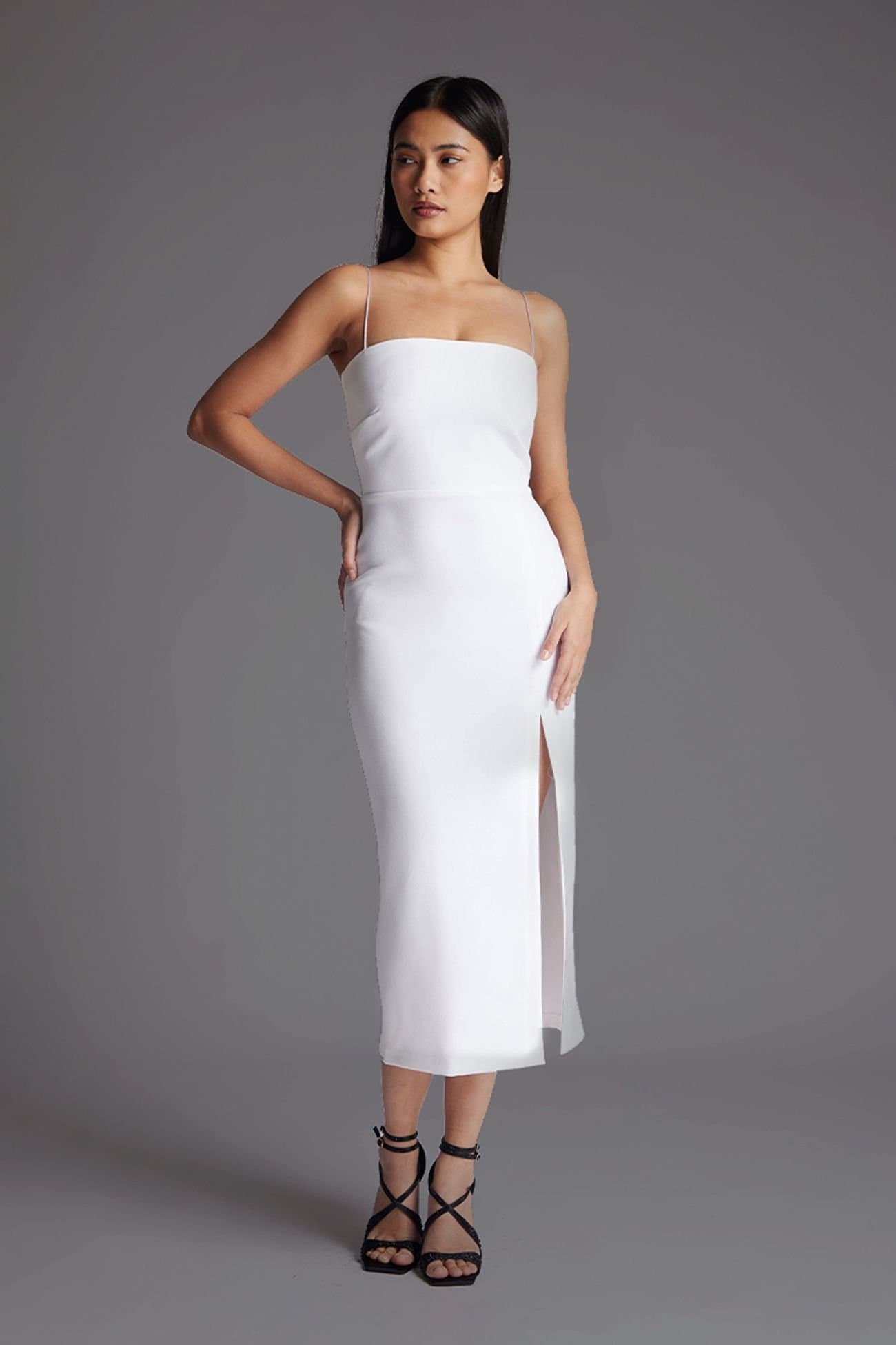 Vesper Vesper Women's Cami Strap Midaxi Dress with Thigh Split in White