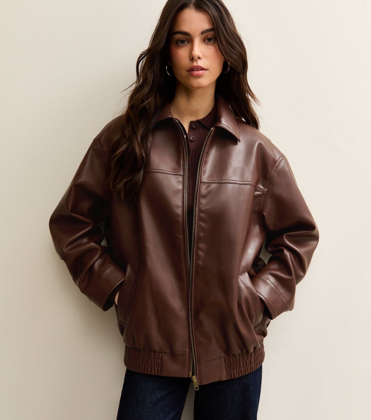 New Look Women's Dark Brown Faux Leather Oversized Bomber Jacket New Look